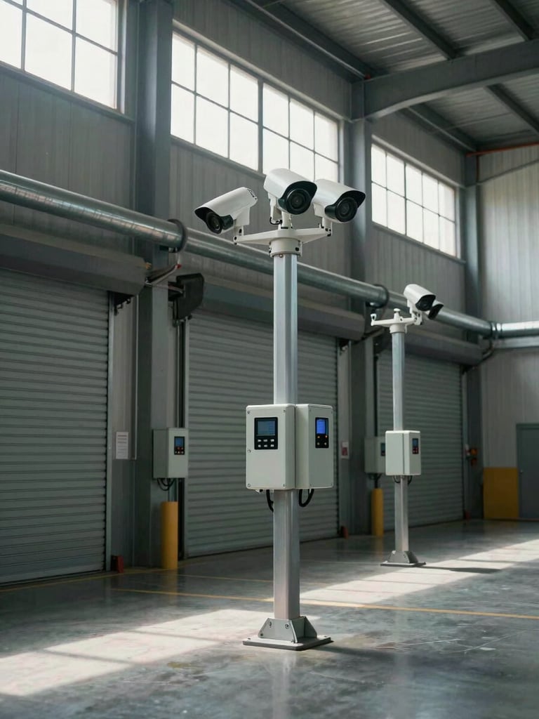 Wide environmental shot of a warehouse floor showing mounted PTZ cameras on steel columns, access control panels beside roller shutter doors, cable conduit running overhead, natural daylight filtering through high clerestory windows