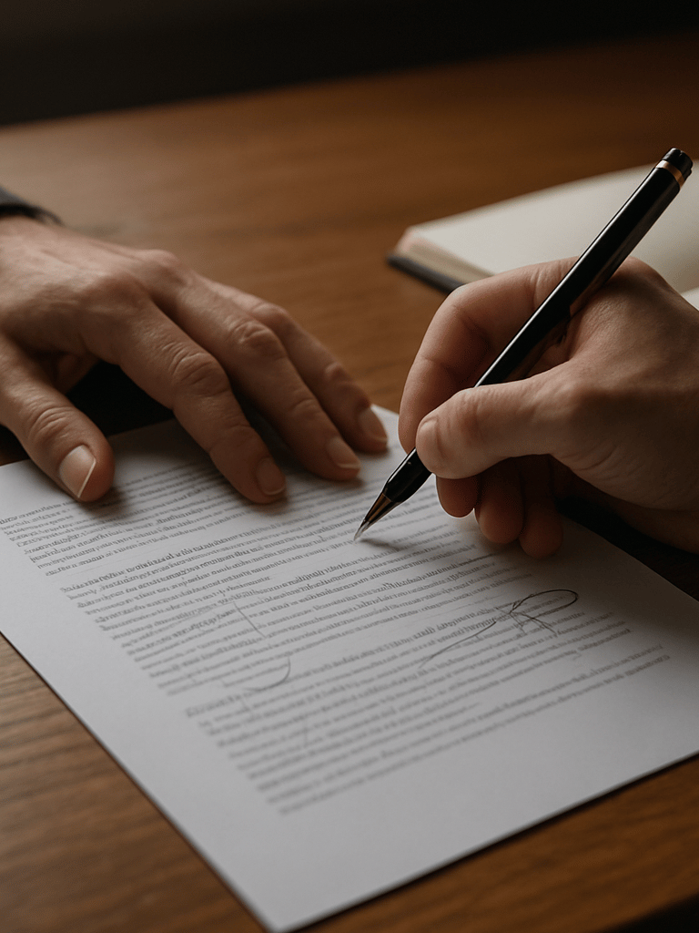Close-up of a strategist's hands annotating a printed media pitch document on a wide oak desk, north-facing window light raking across the paper, a ruled notebook open beside it, shallow depth of field