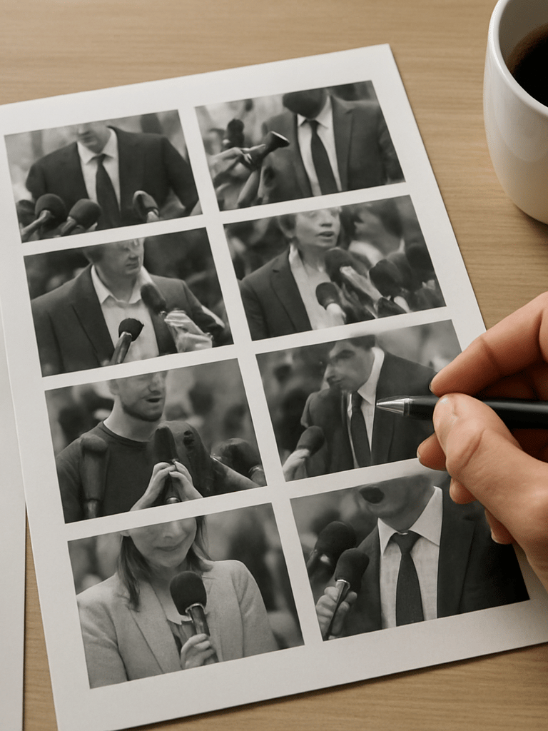 Close-up overhead study of a media research workspace — printed reporter contact sheets, a pen mid-annotation, and a coffee cup at the edge of frame, north-facing window light casting soft shadows, no faces, sharp editorial detail
