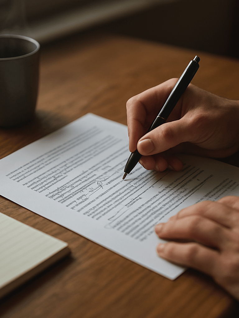 Close-up of a strategist's hands annotating a printed media pitch document on a wide oak desk, a steaming mug and a ruled notebook visible to the left, north-facing window light falling across the paper