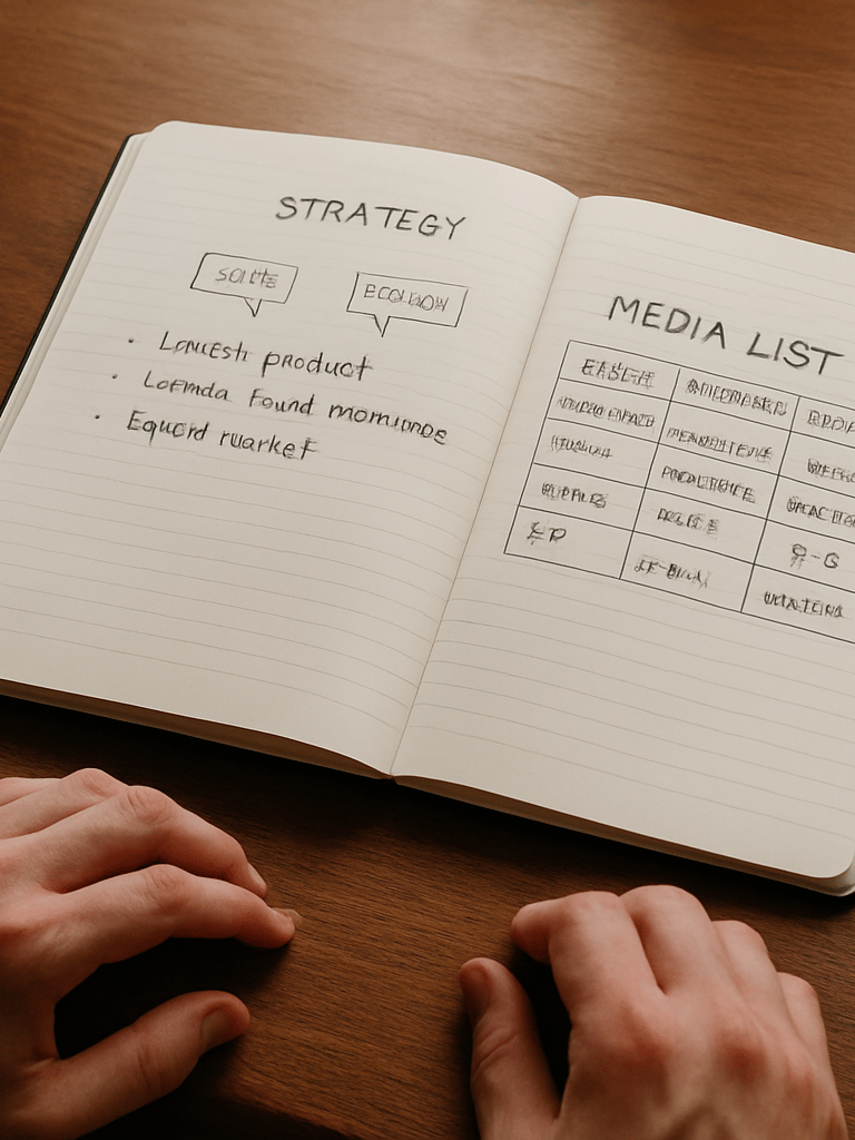 Close-up of open strategy notebook on a wide wooden desk, annotated media list visible, a founder's hands resting at the edge, north-facing window light casting soft shadows, no color grading