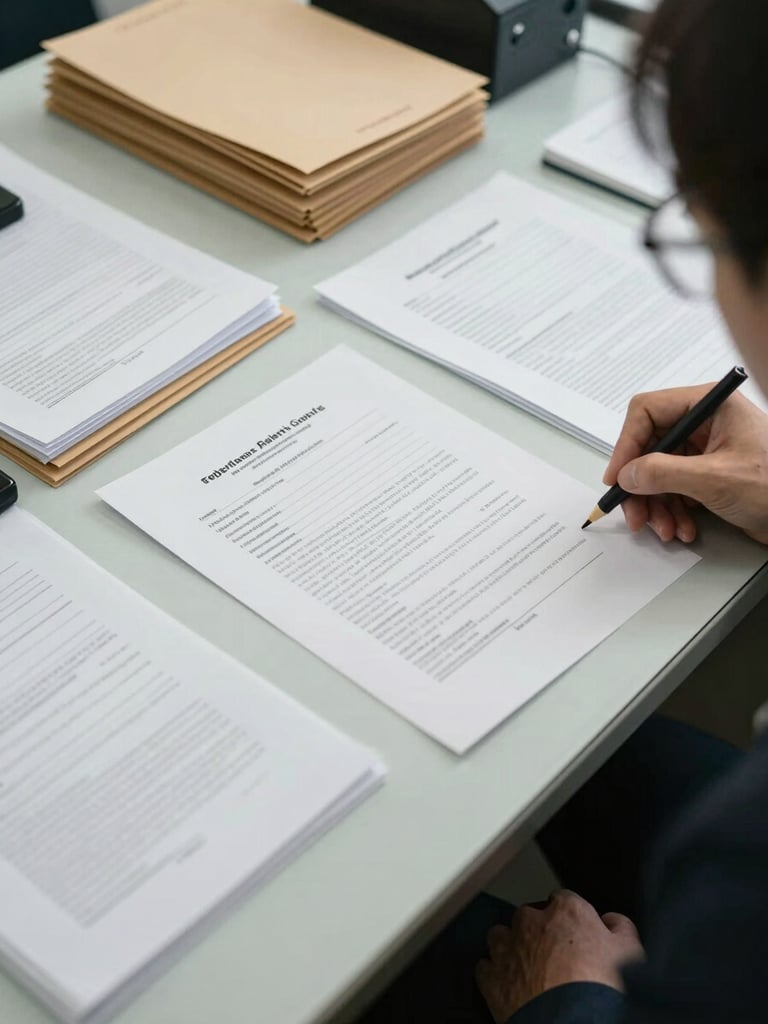Close overhead view of a desk in a vehicle registry office, stamped documents and organized file folders spread across the surface under neutral fluorescent light, a hand visible at the edge completing a form
