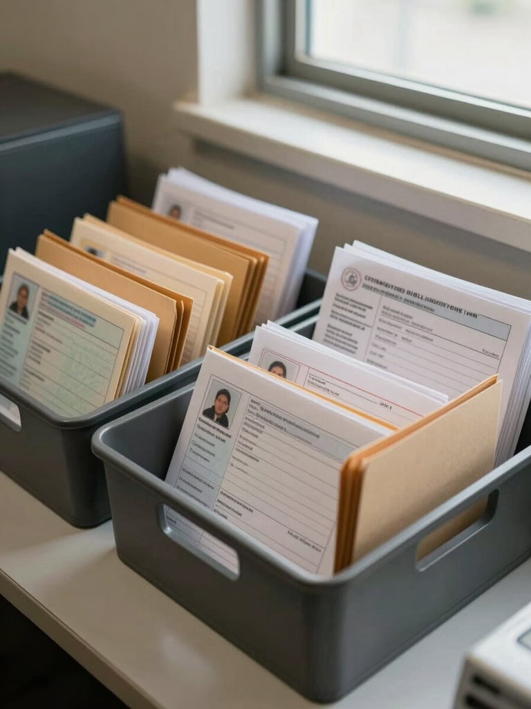 Desk-level view of organized filing trays holding vehicle registration folders and stamped forms, under neutral daylight from a side window, no people visible, administrative order evident