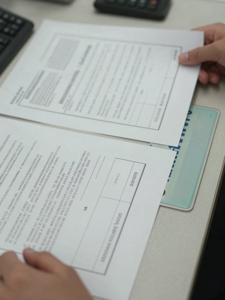 Close-up overhead of stamped official vehicle documents spread on a desk under neutral office fluorescent light, a license plate visible at the right edge, hands partially visible arranging papers — no faces, administrative precision