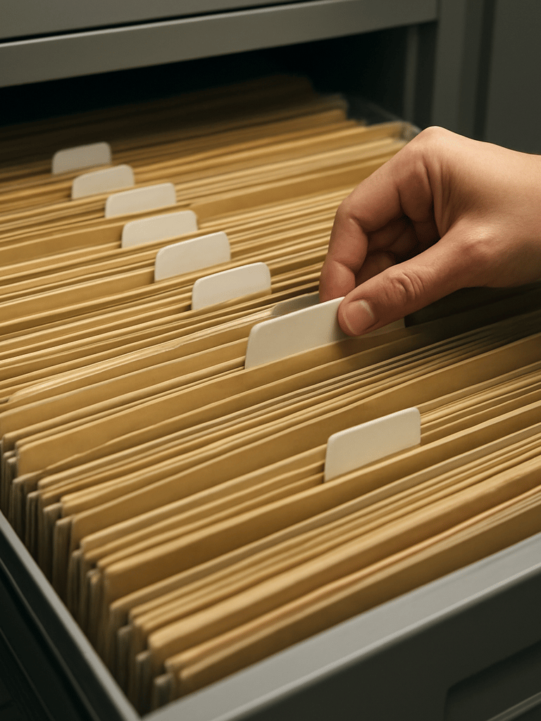 Organized rows of vehicle registration folders in a filing cabinet drawer, labeled tabs visible, hands of an office worker pulling one folder, overhead fluorescent lighting, administrative office environment