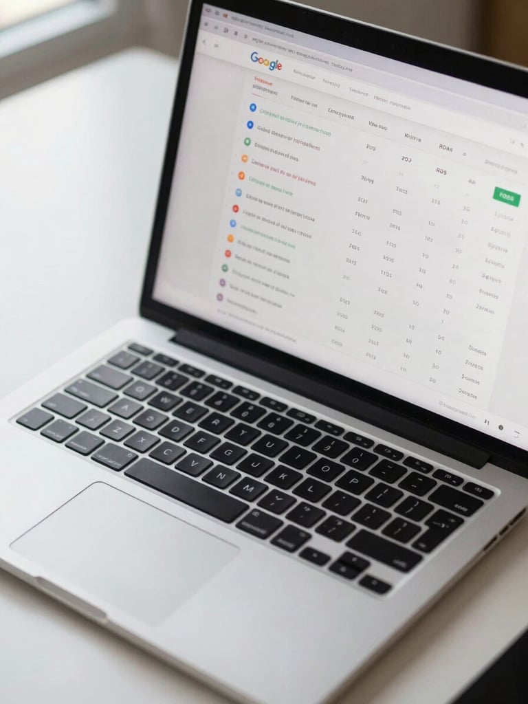 Close-up overhead shot of a laptop screen displaying a Google Ads dashboard with campaign performance metrics — clicks, conversions, and ROAS columns clearly visible — on a clean white desk, daylight from the left, sharp and legible