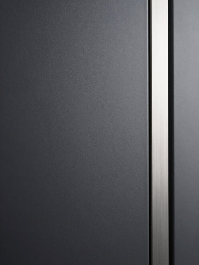 Close-up of the machine's matte charcoal panel surface under even soft studio light, brushed metal interaction strip visible at the right edge, no reflections, architectural minimalism, tight framing