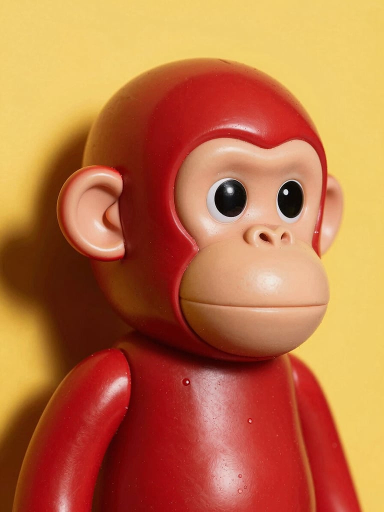 Extreme close-up of a vibrant neon red vinyl toy monkey head with glossy texture, hard direct studio flash, sharp black drop shadow on a bright yellow background.