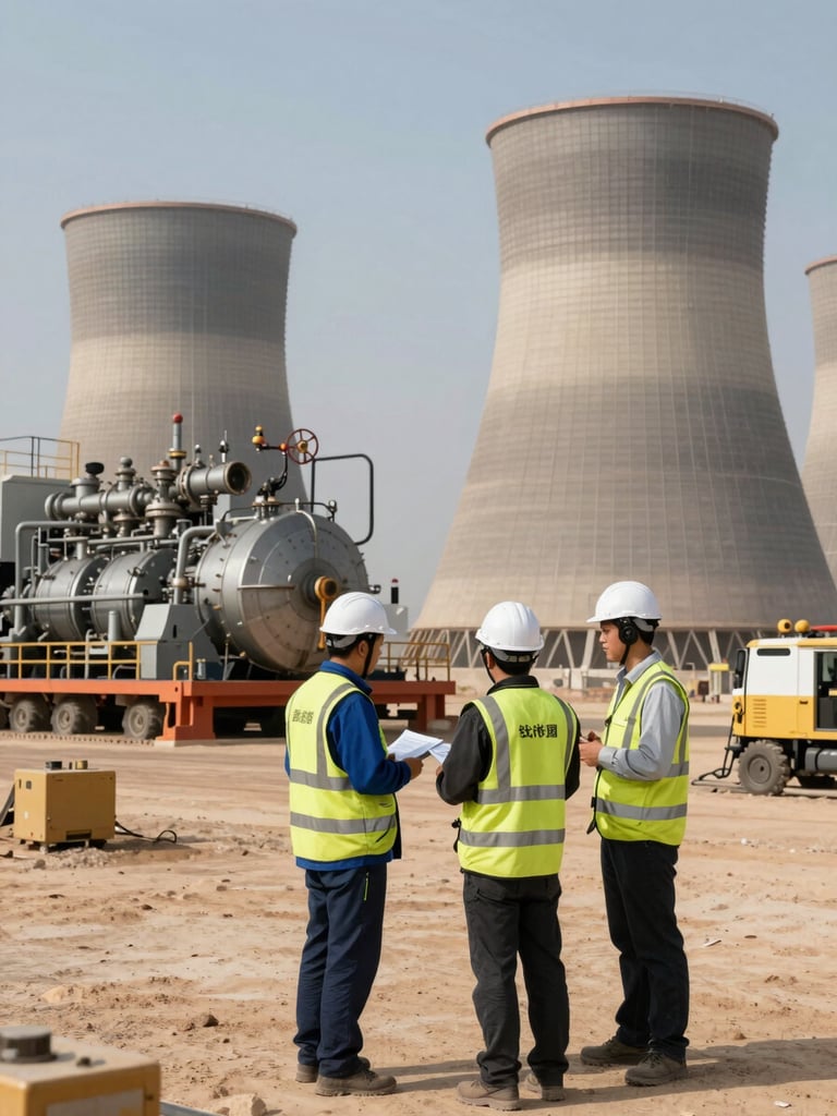 Engineers in high-visibility gear inspecting a massive diesel power plant in a desert mining operation, stark daylight, heavy machinery.