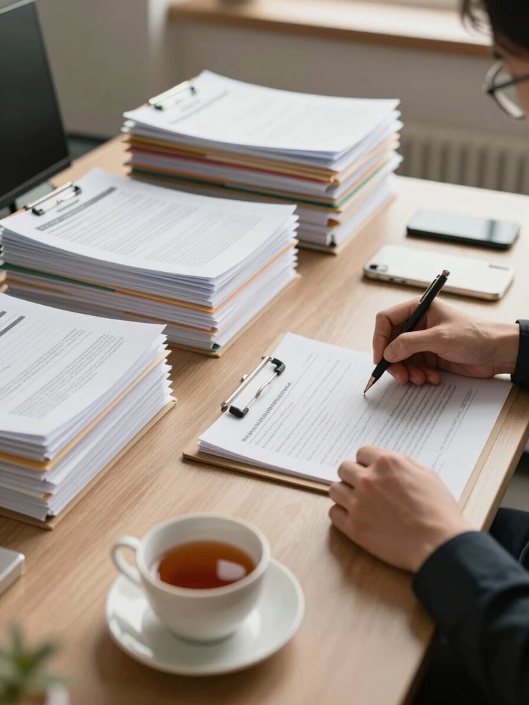 Wide environmental shot of a tidy office desk in soft north-facing daylight — organized document folders stacked neatly on the left, a cup of tea in the foreground, hands of a professional reviewing a compliance form, calm and ordered atmosphere