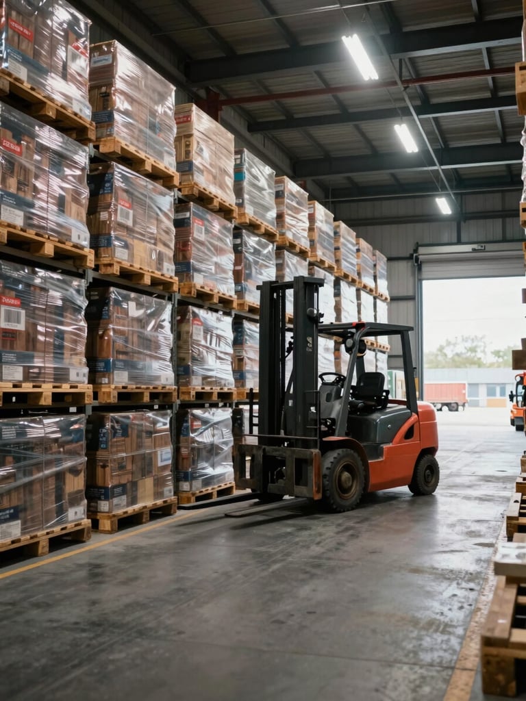 Wide interior of an active freight warehouse, rows of stacked pallets receding into depth, forklift in motion mid-aisle under sodium-tungsten overhead lighting, overcast daylight entering through high loading bay doors at far right