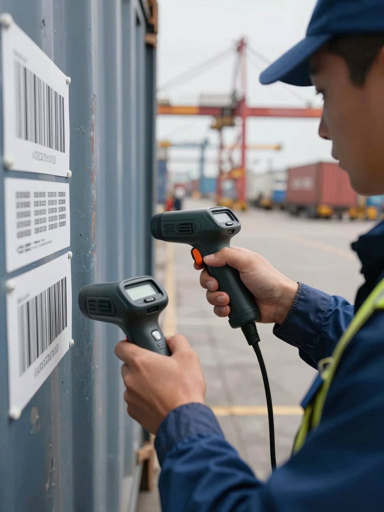 Documentary close-up of dock workers scanning container barcodes at a port loading bay, handheld scanners visible, overcast daylight, industrial equipment in background, no faces shown, operational detail framing