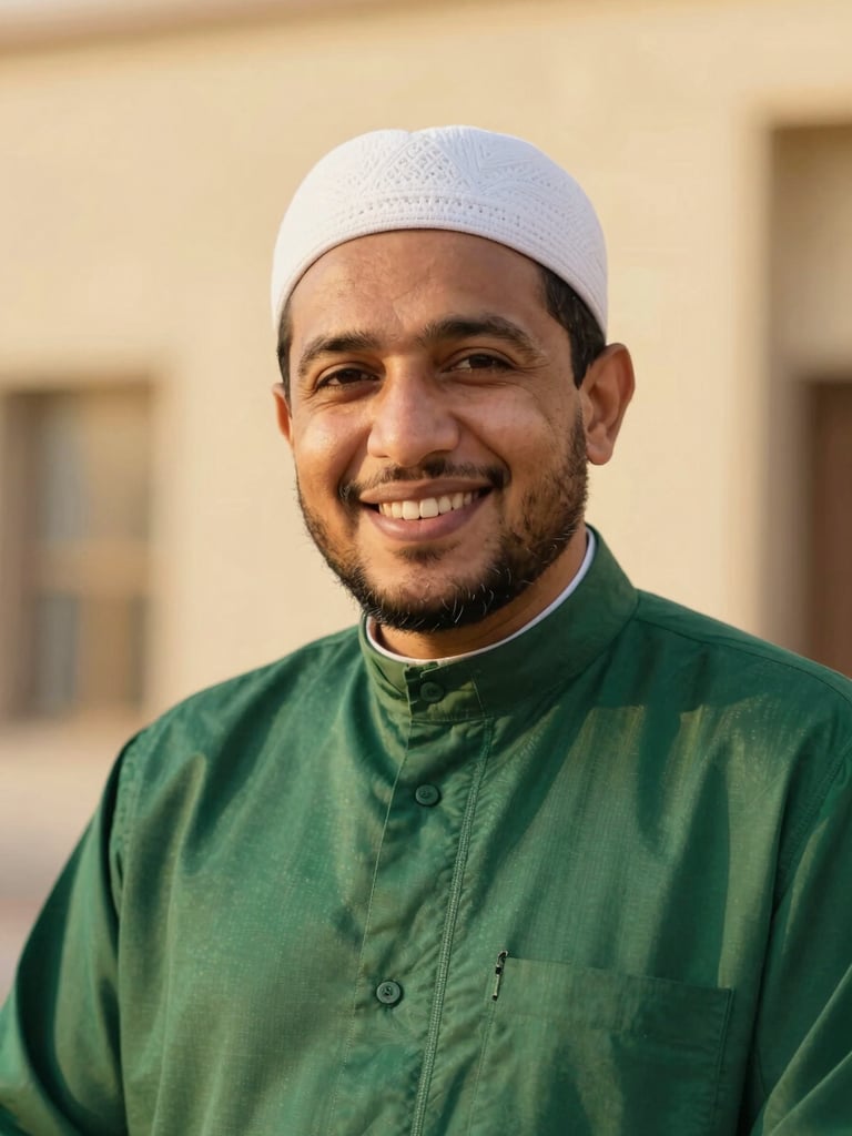 Portrait of a respected Islamic scholar in dignified traditional attire, smiling warmly, soft focus, emerald and gold warm lighting, 35mm lens.