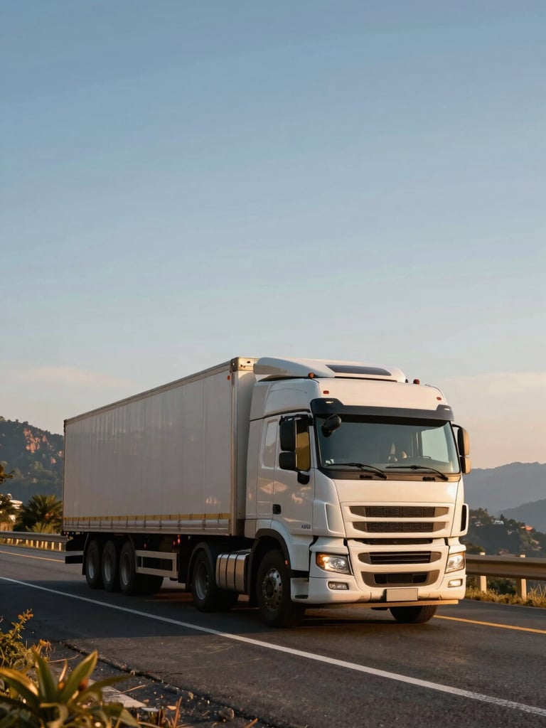 Wide environmental shot of a large commercial truck driving on a mountain highway at sunrise, golden light, clear sky, feeling of safety and progress.