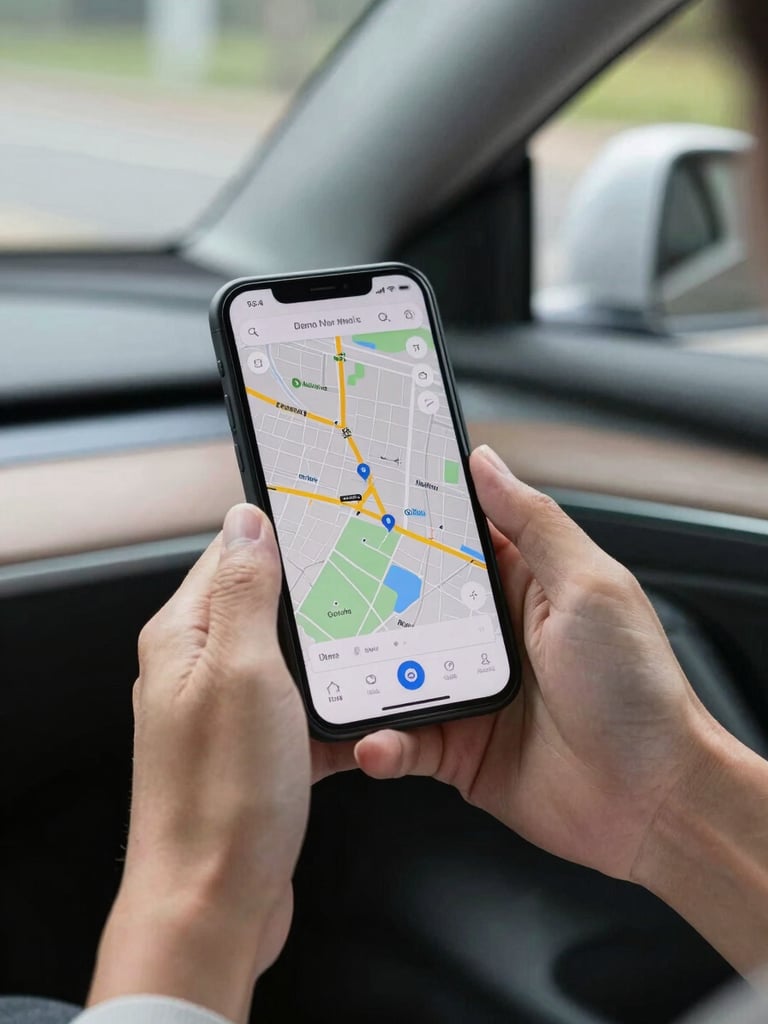 Close-up of hands holding a smartphone displaying a map inside a parked modern car, bright daylight, sharp focus on the screen.