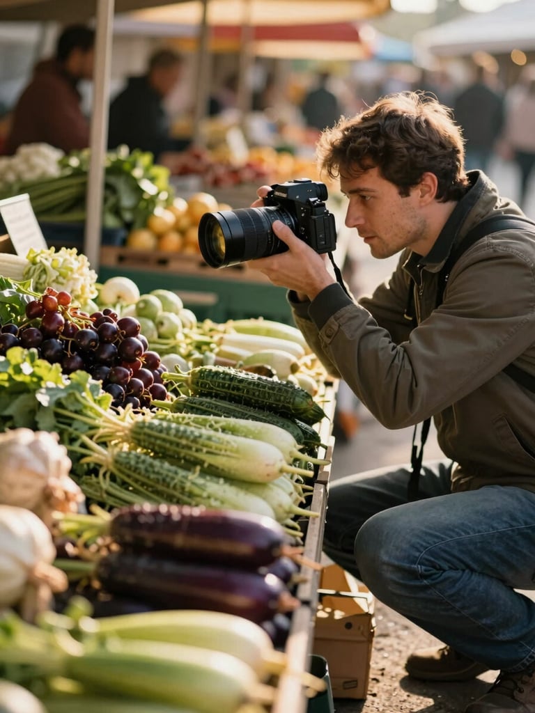 Agency photographer crouching beside a market-stall display of heirloom vegetables, camera raised, warm golden-hour light raking across the produce, shallow depth of field, environmental market context visible behind