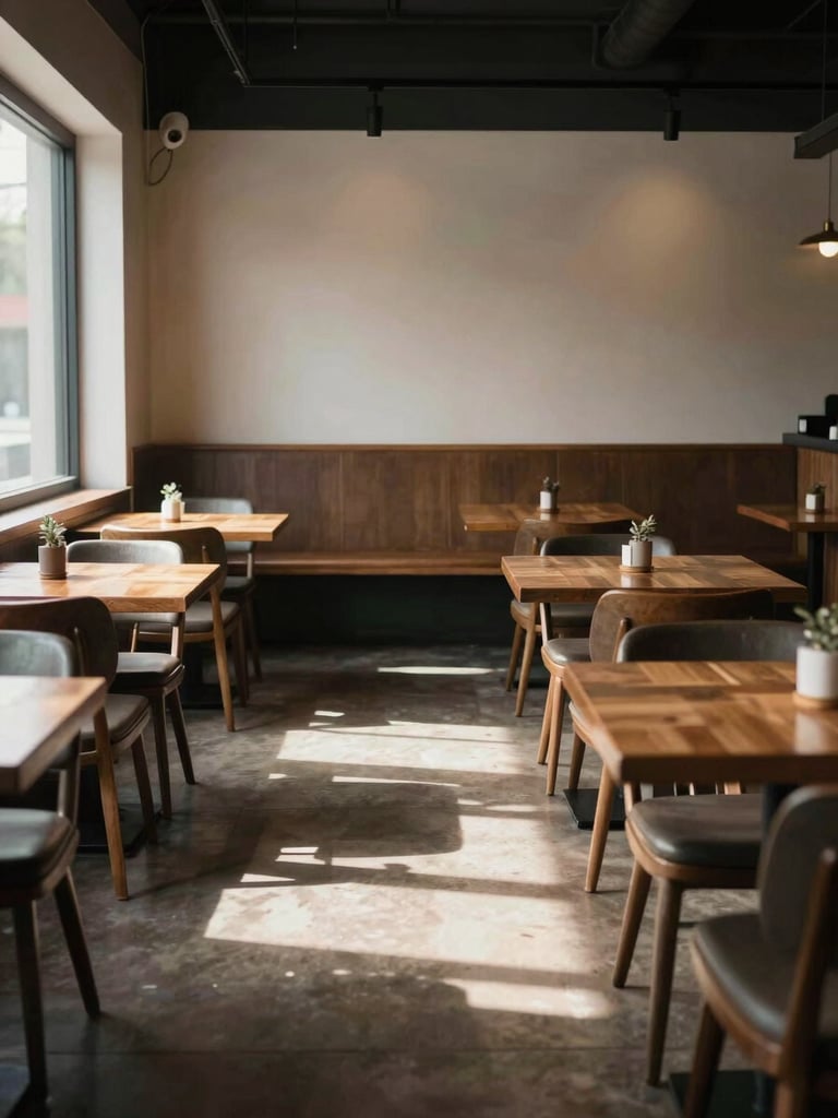 Wide shot of a quiet restaurant dining room before service, afternoon north-facing light falling across empty wooden tables, chairs neatly set, a single window casting a soft rectangle of daylight on the floor, no people