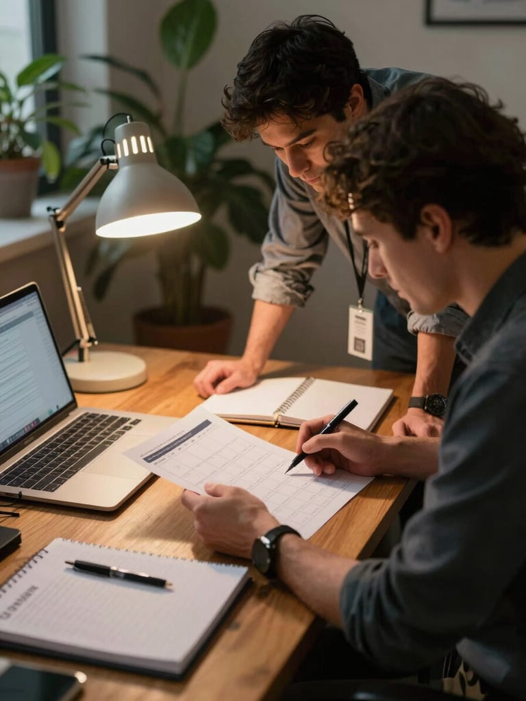 Two agency team members leaning over a wooden desk reviewing a printed content calendar, warm tungsten desk lamp casting a pool of light, notebooks and a laptop screen visible, intimate office setting with plants in the background