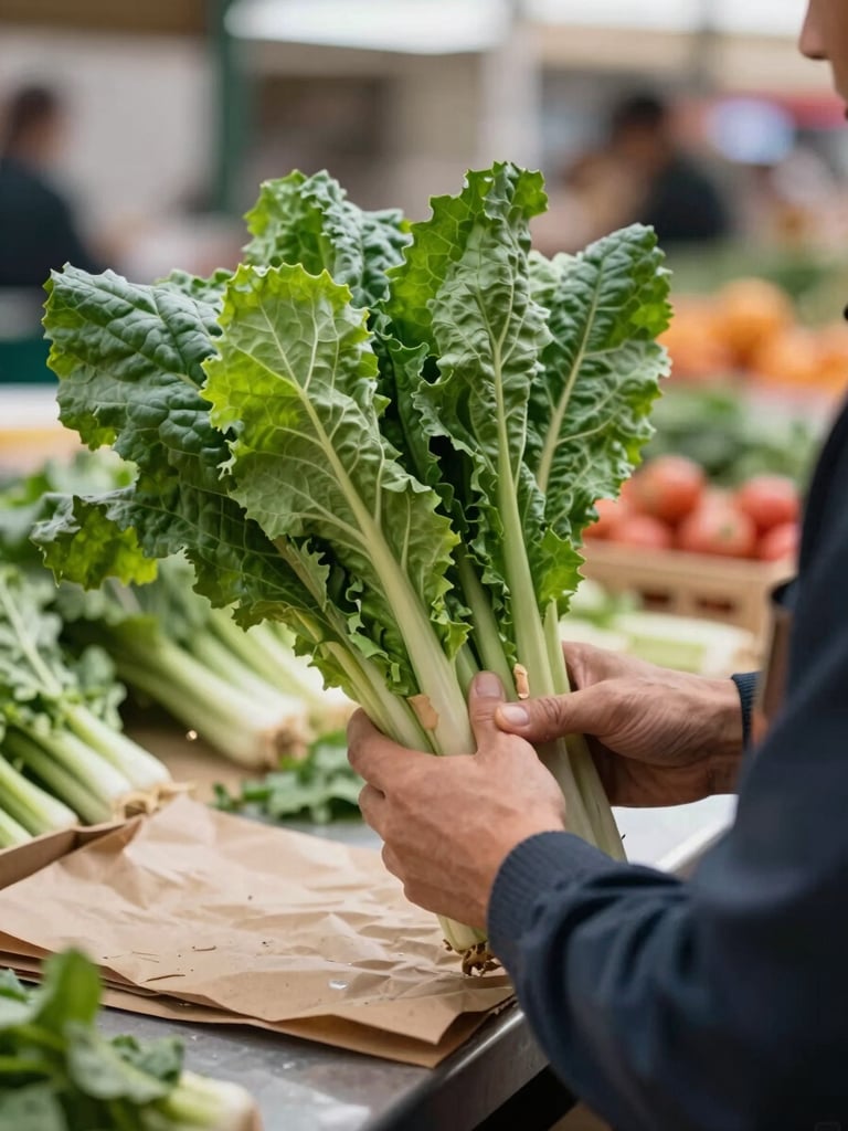 Tight framing of a market operator's hands wrapping a bunch of chard in brown paper at a stall counter, soft north-facing daylight, blurred stall background