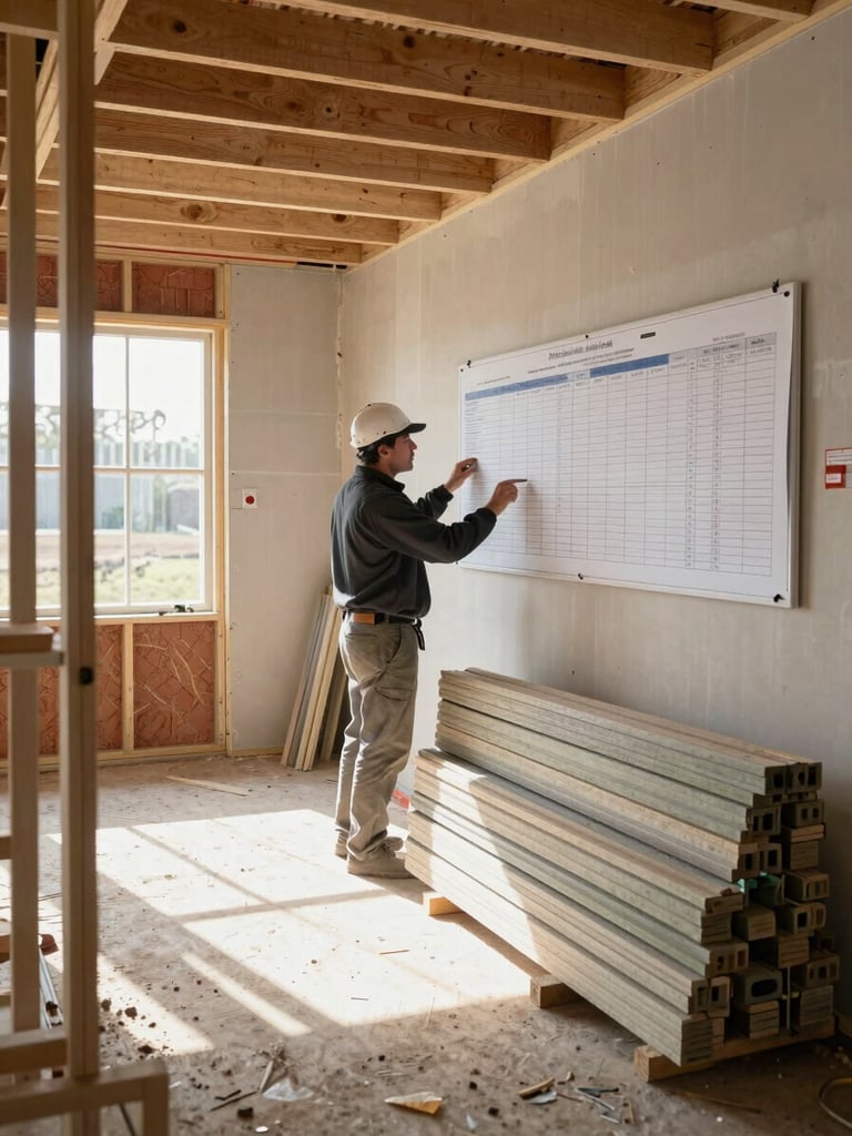 Wide documentary shot inside an active house-flip job site, construction materials stacked along the right wall, a site supervisor reviewing a printed timeline pinned to a permit board under bright natural daylight streaming through unfinished windows, framing left open to show raw drywall and exposed framing