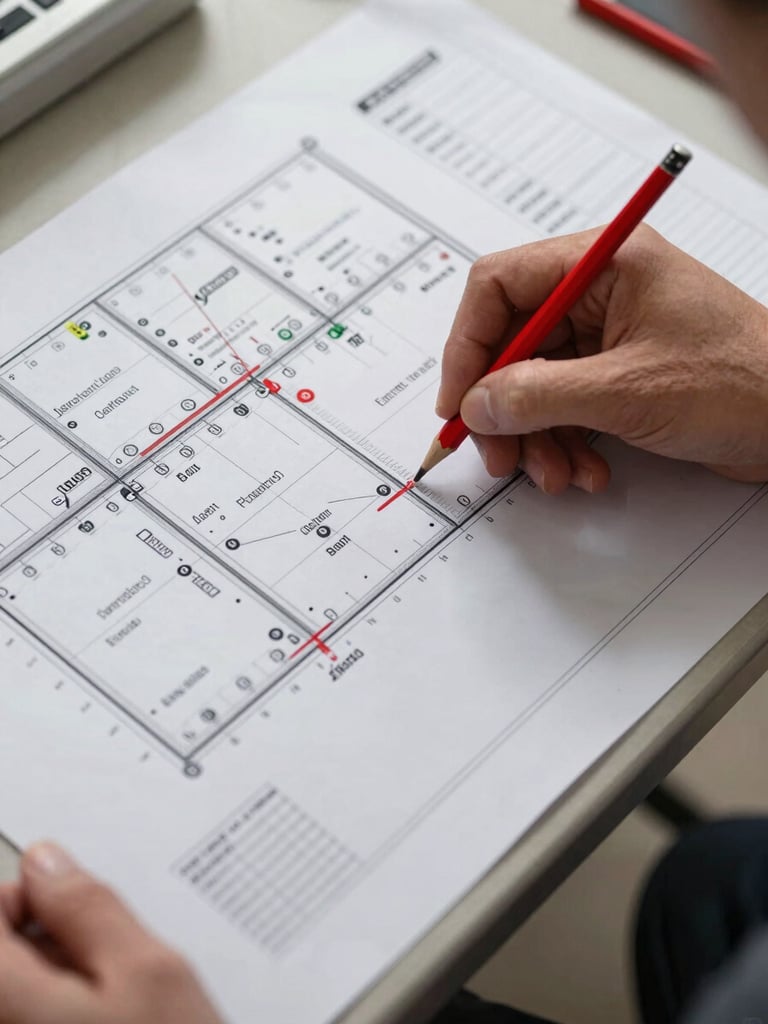 Extreme close-up overhead shot of a job site plan spread across a folding table, a hand marking measurements with a red pencil, a printed timeline checklist partially visible at the edge, natural daylight, documentary framing