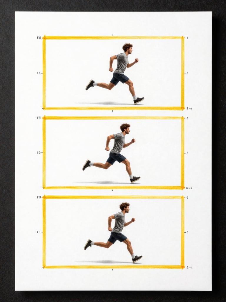 A crisp digital storyboard sheet on a clean white canvas, showing three sequential panels of a character running, pencil-yellow frame borders, technical timing annotations in the margins.
