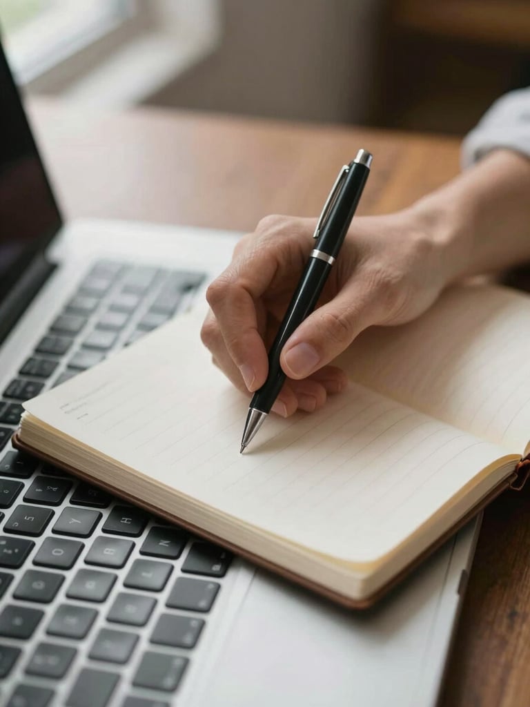 Close editorial crop: hands resting on an open notebook beside a laptop keyboard, a pen mid-sentence on the page, soft window light from the upper left, cream paper, slightly blurred background suggesting a focused work environment