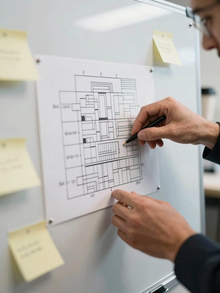 Close-up of hands arranging printed workflow diagrams on a whiteboard surface in a real office, natural overhead light, sticky notes with short text labels visible at the edges, a coffee mug in the far corner