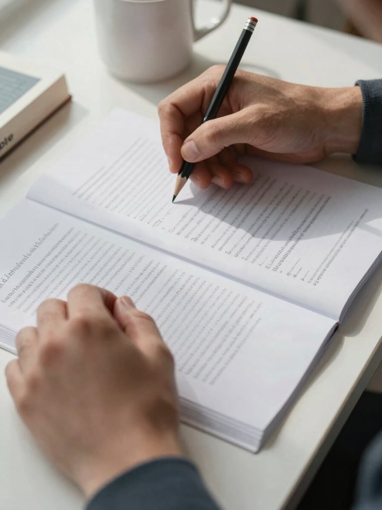 Close-up of two hands working over a printed document spread on a light desk, one hand holding a pencil making marginal notes, daylight from a nearby window casting soft shadows across the pages, a coffee mug and a bilingual reference book partially visible at the edge of the frame