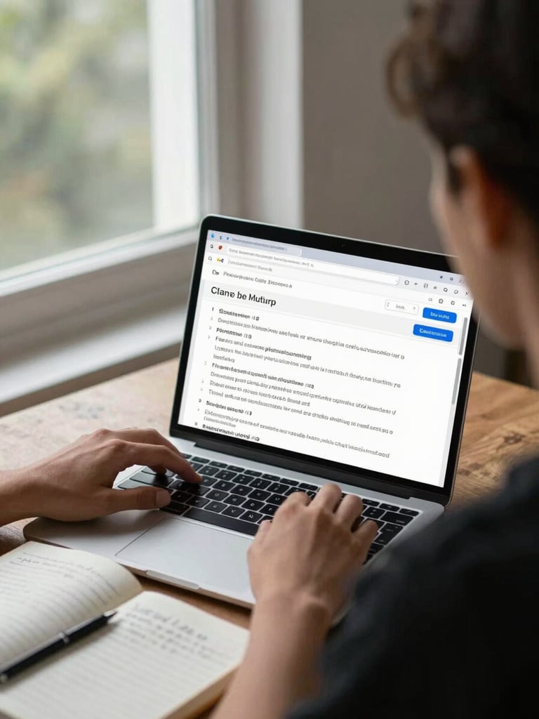 Over-the-shoulder view of a practitioner editing multilingual search content on a laptop, natural daylight from a wide window to the left, multiple language strings visible on screen, a notebook with handwritten test notes open beside the keyboard