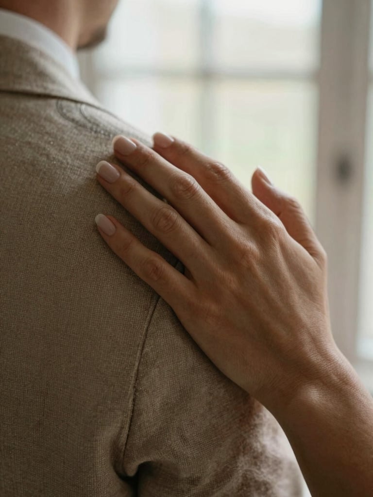 Extreme close-up of a bride's hand gently resting on a groom's linen jacket shoulder, highly textured fabric, soft natural window light, warm tones, cinematic 16:9 feel.