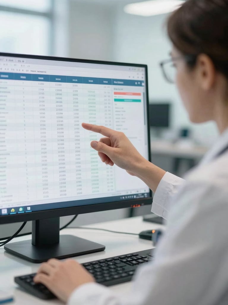 A close-up of a healthcare administrator analyzing complex operational data on a screen in a bright, professionally lit medical group office