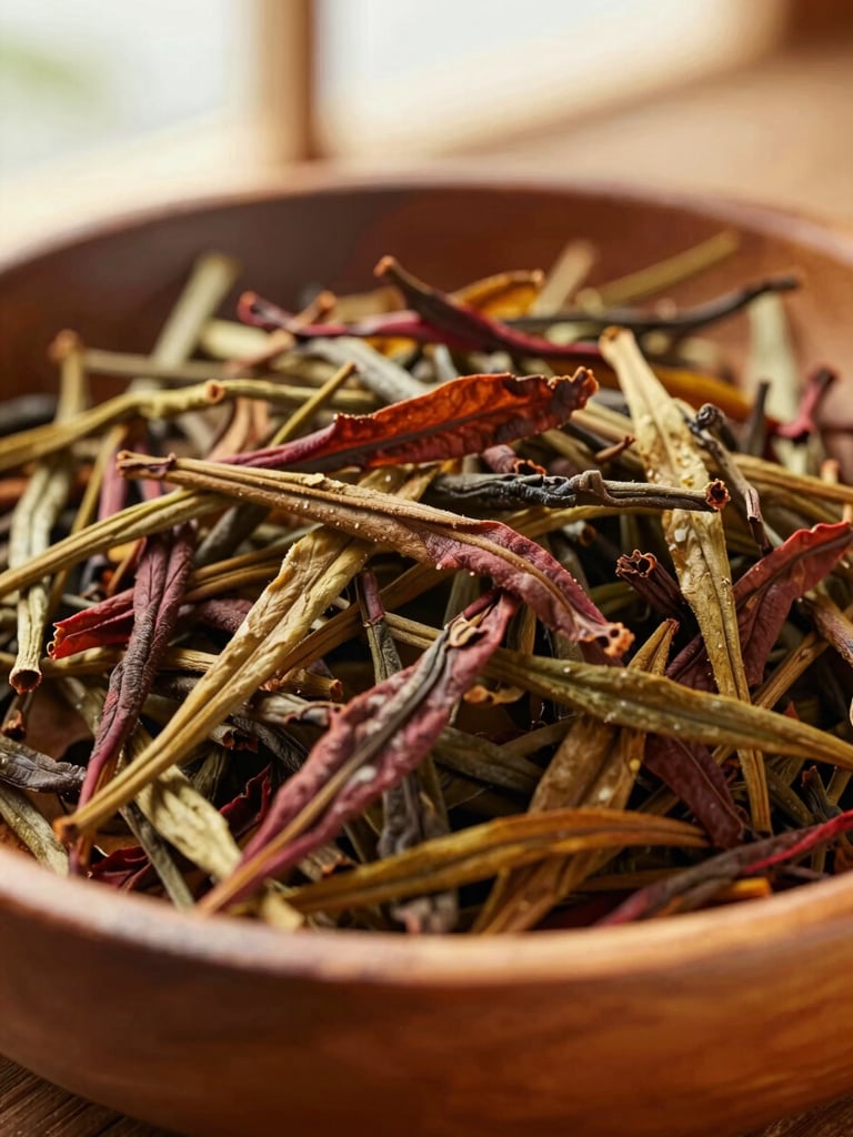 Close-up of raw organic high-altitude herbal tea leaves in a rustic wooden bowl, warm natural window light, shallow depth of field