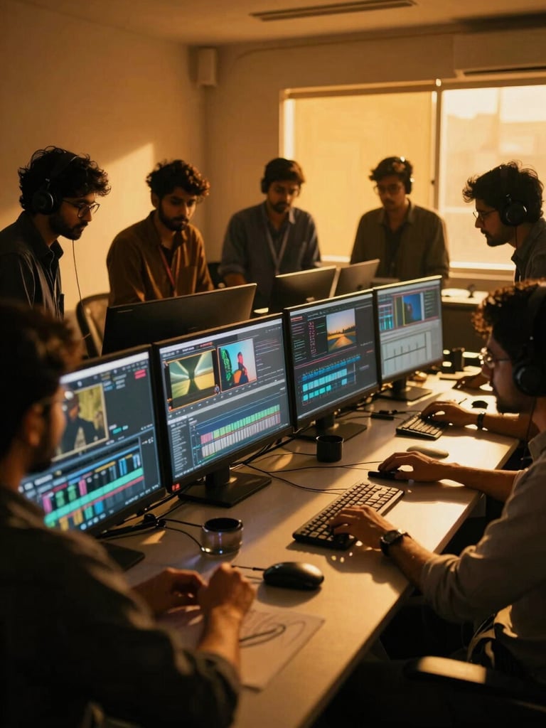 Dynamic low-angle shot of a digital editing suite in Pune, glowing screens, creative team collaborating, warm golden-hour light, high contrast, cinematic 35mm film look.