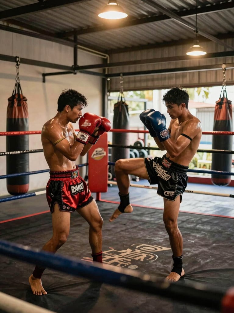 Wide framing of a Muay Thai training session inside a Bangkok gym, two fighters sparring mid-kick in the foreground, ring ropes visible, warm amber ambient light from overhead fixtures, sweat and motion blur on fists, environmental detail of heavy bags in the background, authentic training camp atmosphere