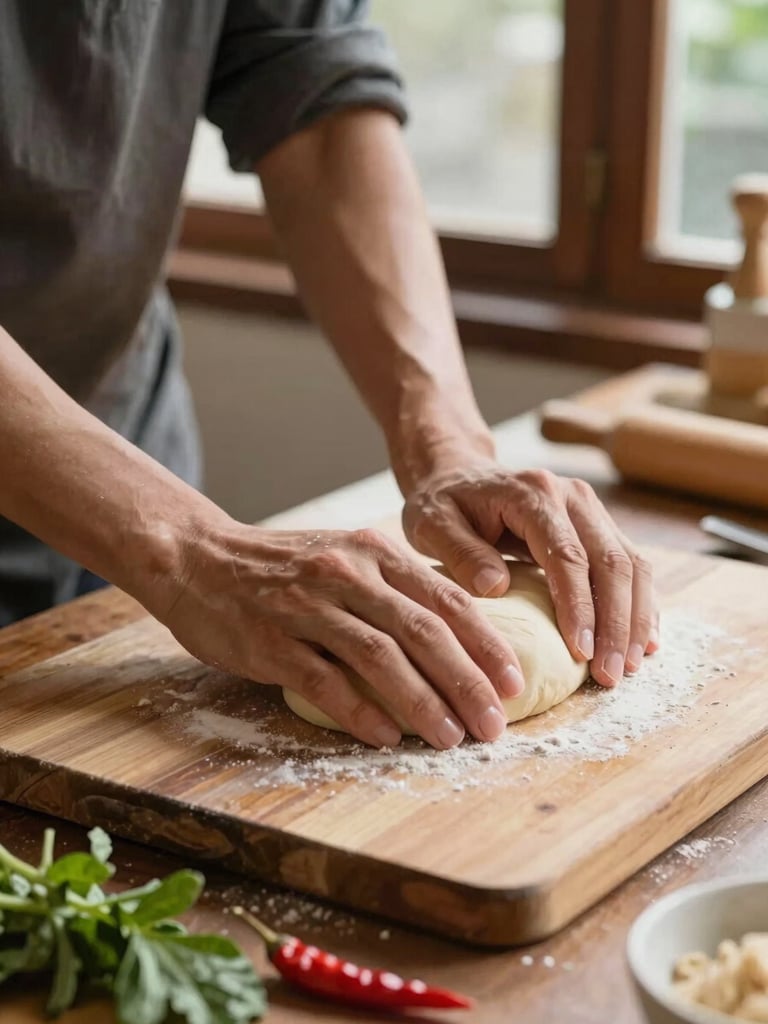 Close-up of hands pressing dough on a wooden chopping board in a Bangkok cooking class, raw Thai herbs and chilies scattered nearby, warm ambient kitchen light from an open window, mid-preparation energy