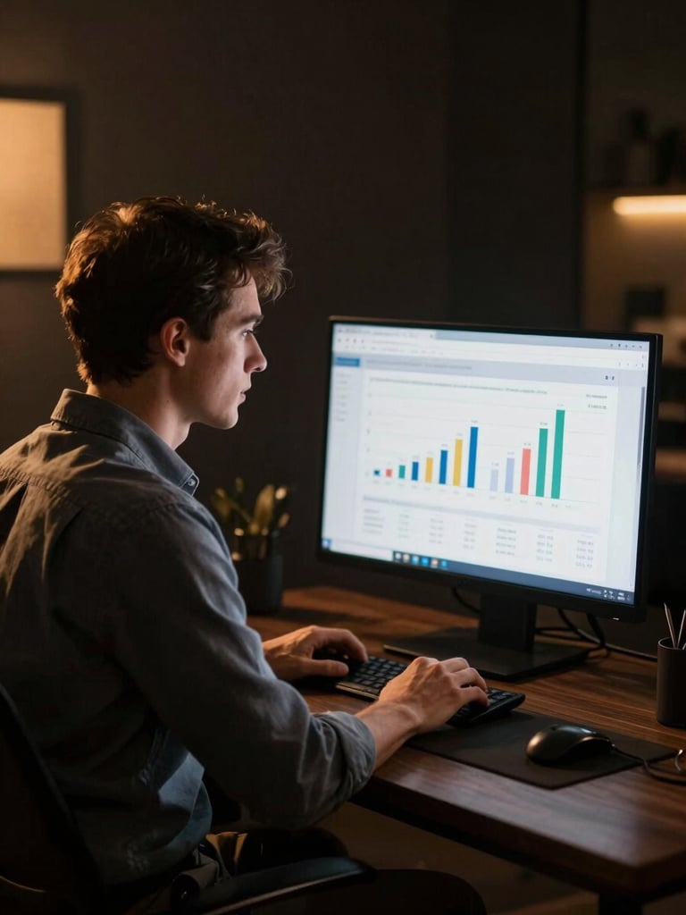 Editorial portrait of a focused insurance agency owner analyzing demographic data on a sleek screen, dark-wood office, warm golden side-lighting, 35mm