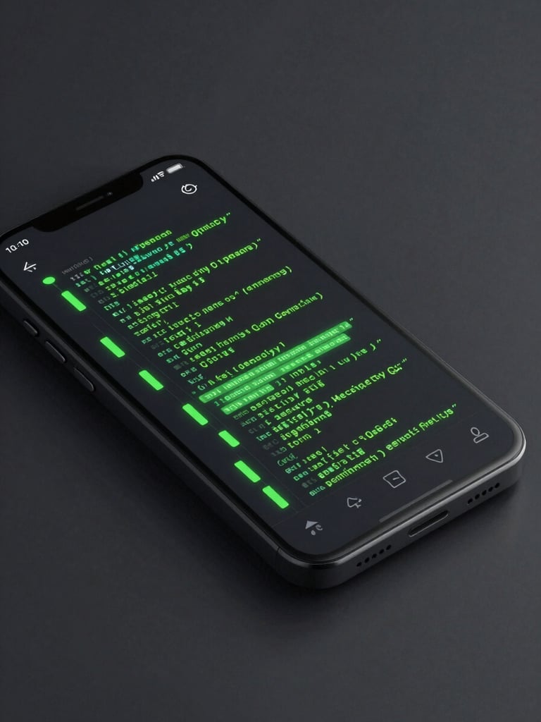 High-fidelity vector device mockup showing a clean Android terminal interface with a green glowing code block, tight isometric framing, dark mode aesthetic