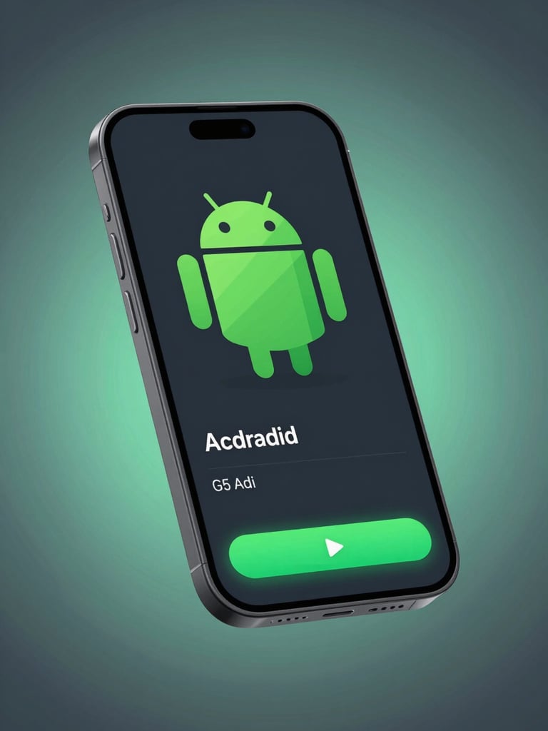 High-fidelity vector device mockup showing a dark mode Android app interface with vibrant green accents, clean geometric UI elements, and a subtle glowing background.