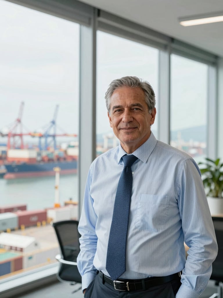 Clean editorial portrait of a senior trade executive in a modern corporate office overlooking a shipping port, bright natural daylight, professional B2B style
