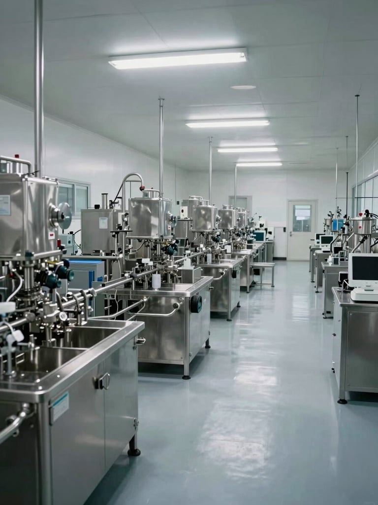Wide environmental mid-distance view of a GMP pharmaceutical manufacturing floor, stainless steel equipment and processing lines receding toward the far wall, bright even overhead fluorescent lighting, no people, clean industrial interior