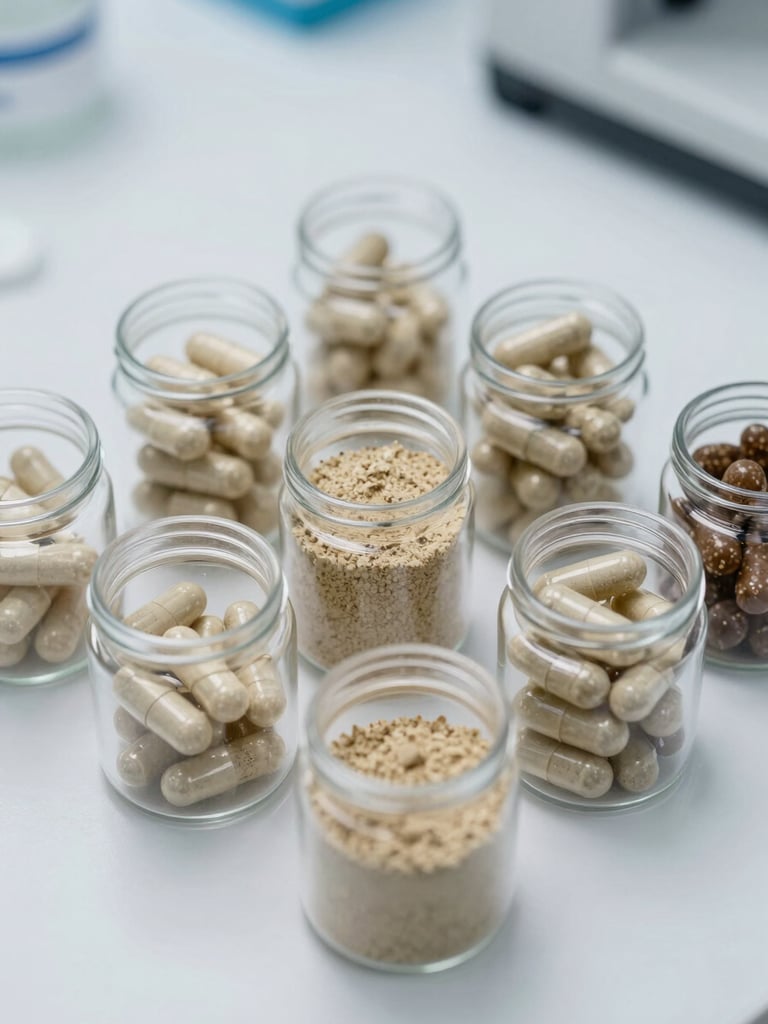 Close-up of finished Ayurvedic capsules and powder in standardized clear containers on a clean white laboratory bench under bright even studio lighting, product arranged in a tight grid, no props
