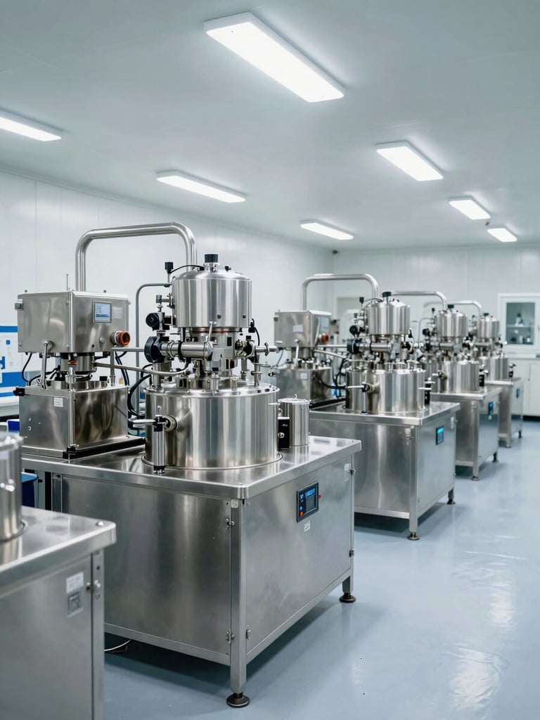 Wide panoramic view of a GMP pharmaceutical manufacturing floor from mid-distance, stainless steel processing equipment in rows under bright even overhead lighting, clean white walls and epoxy floors, no people, clinical and industrial