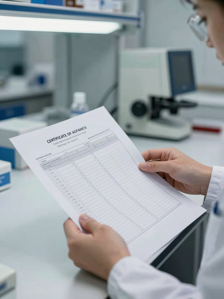 Medium shot of a quality control technician reviewing printed batch records and a Certificate of Analysis document on a white laboratory workbench under bright fluorescent lighting, no face visible, documents in sharp focus