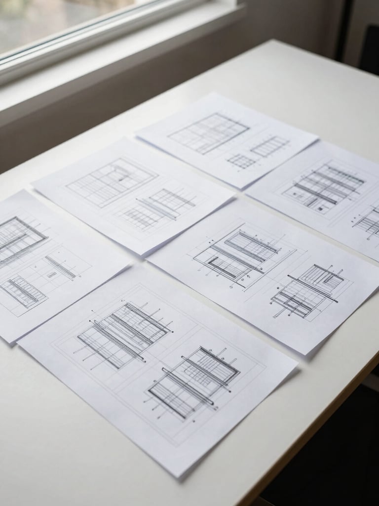 Wide overhead shot of a design process artifact — printed wireframe sheets and annotated sketches spread on a sparse white desk, natural window light from above, no people, high contrast, clean background