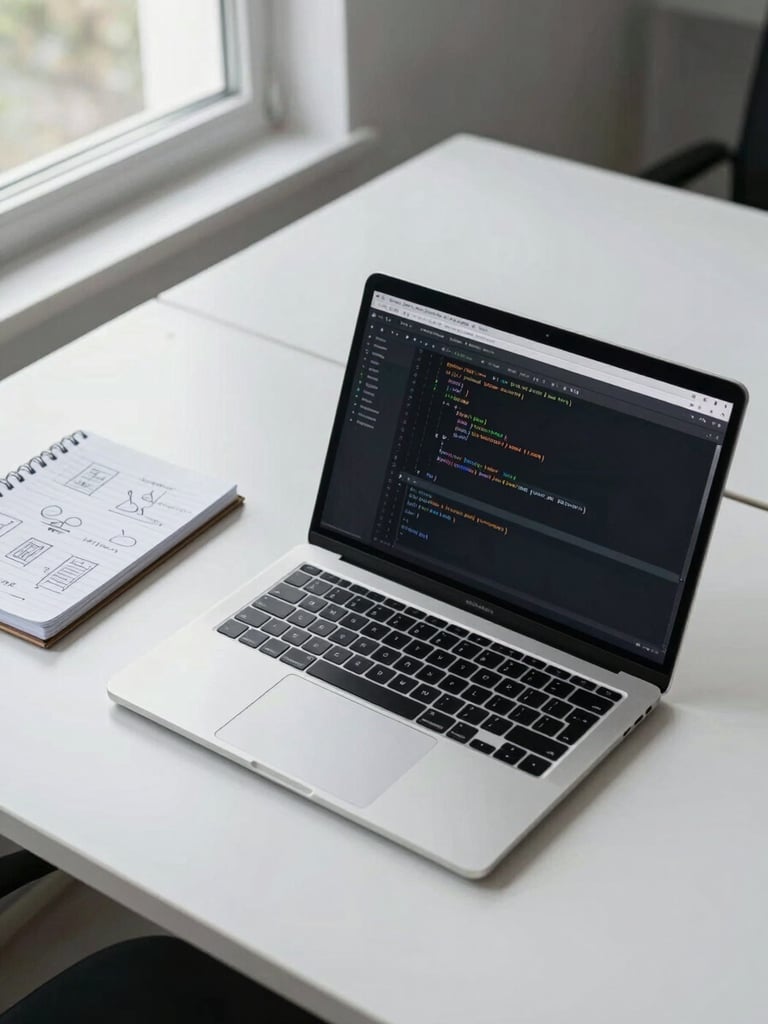 Wide shot of a sparse developer workspace from above — a single open laptop displaying a code editor with monochrome syntax highlighting, a small notebook with handwritten wireframe sketches beside it, clean white desk surface, daylight from a window to the left, no clutter