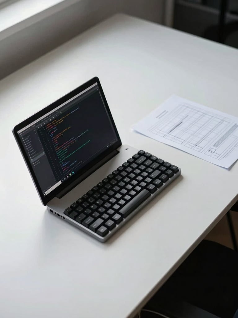 Wide overhead shot of a sparse developer workspace — mechanical keyboard, open laptop displaying a code editor with dark theme, a single printed wireframe sheet beside it, diffused daylight from the upper-left, clean white desk surface, no clutter