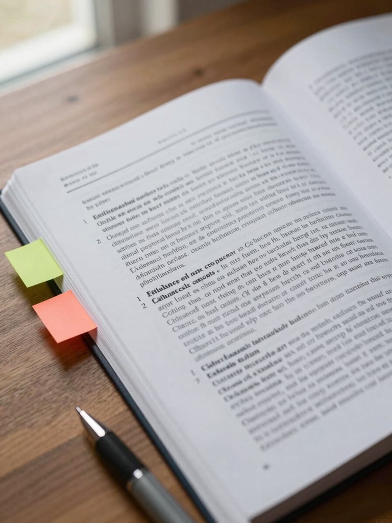 Close-up overhead of a printed bibliography page on a wooden desk, three colored sticky-tab markers visible at the page edge labeling different citation formats, soft diffused daylight from a nearby window, a fine-tip pen resting at the bottom of the frame