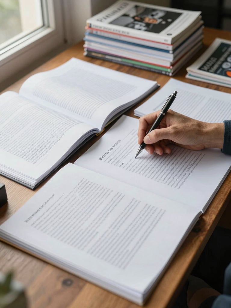 Wide desk surface seen from a slight overhead angle, soft natural window light from the left, annotated research papers and open thesis chapters spread across the desk, a hand holding a pen mid-annotation, organized stacks of journals in the background