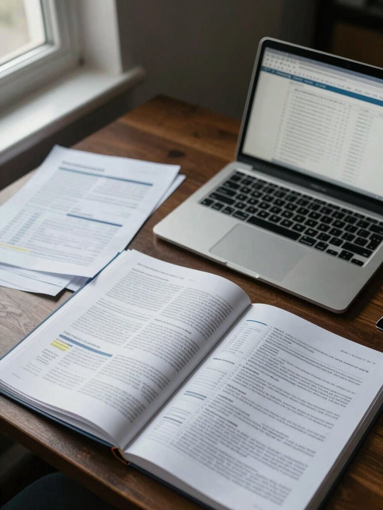 Wide environmental shot of a researcher's desk from above, open annotated journal and highlighted papers spread across a dark wood surface, a laptop screen showing a database interface to the right, soft cool window light from the left, no person visible